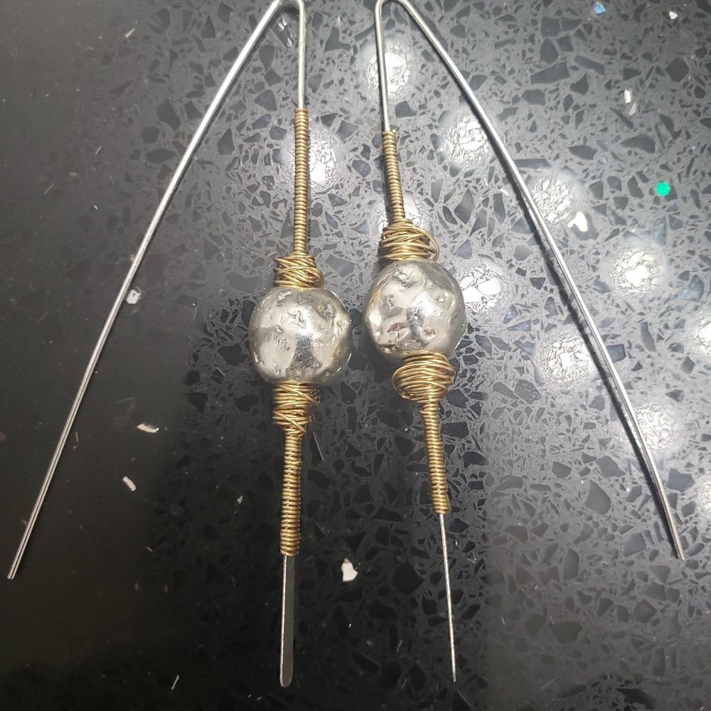 Silver long pin earrings